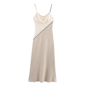 Elegant Color Block Satin Midi Dress Asymmetrical Straps Sleeveless Irregular Neckline Slim Fit For Women