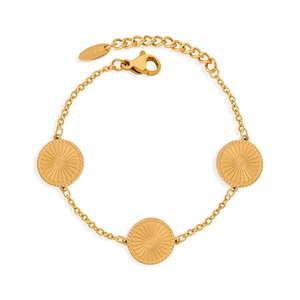 Gold stainless steel chain bracelet featuring three sunburst engraved round coin charms