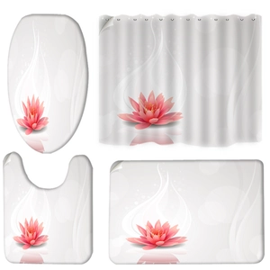 Pink lotus floral shower curtain set with matching anti-slip bath mats and toilet cover