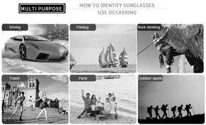 Gafas de sol cuadradas multiusos mostradas en escenas de conducción, pesca y deporte libre