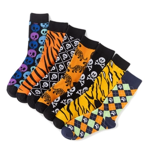Set of 7 cotton crew socks featuring tiger stripes, skull patterns, and plaid designs