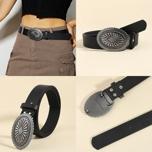 Detailed views of vintage black leather belt with ornate silver alloy buckle for women