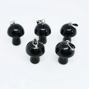 Set of 5 black natural stone mini mushroom pendants with silver metal bails for DIY jewelry