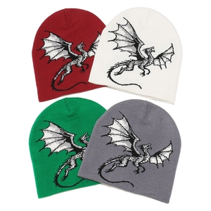Knit Beanie Hat Acrylic Winter Warm Dragon Pterosaur Pattern Jacquard Streetwear Fashion For Women And Men