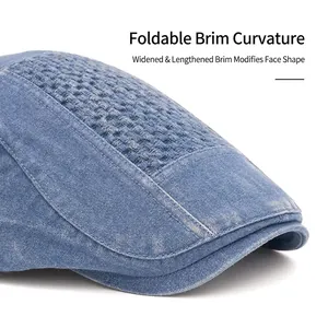 Blue washed denim ivy cap with foldable wide brim and woven texture for women