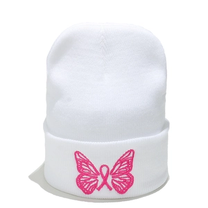 Berretto in maglia bianco con ricamo a farfalla rosa, caldo cappello invernale da donna