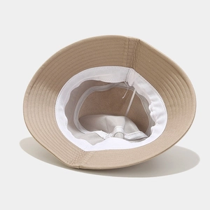 Khaki bucket hat with adjustable inner drawstring and moisture-wicking white sweatband