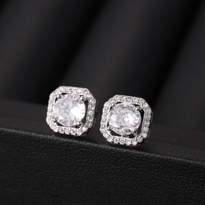 Elegant square halo stud earrings with round center stone and pave zircon in silver finish