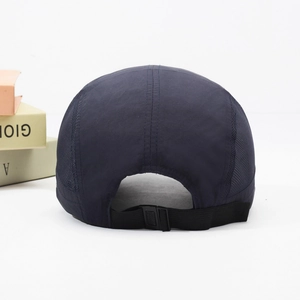 Navy blue quick-dry outdoor hiking cap with mesh panels and adjustable buckle strap
