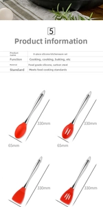 8-piece red silicone kitchen utensil set with stainless steel handles and dimensions