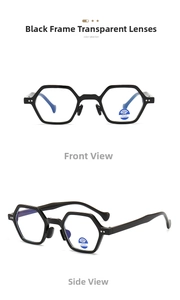 Front and 45-degree side views of black hexagonal blue light blocking glasses