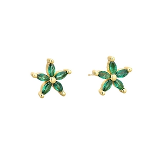 Elegant gold five-petal flower stud earrings with green marquise-cut zircon stones