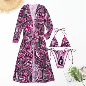 Three-piece bikini set with striped mesh cover-up featuring pink marble print