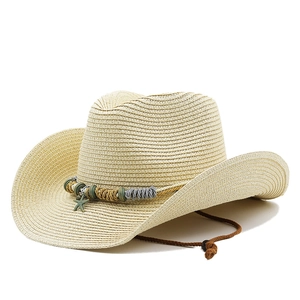 Men's straw cowboy sun hat with starfish pendant and beads for beach travel