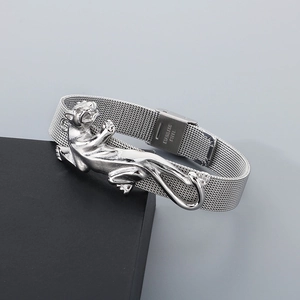 Detail of silver stainless steel leopard head on textured mesh bracelet band