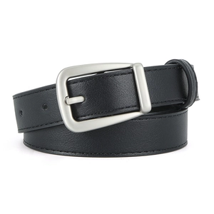 Classic black PU leather belt for women featuring a sleek silver-tone metal pin buckle