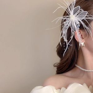 Détail de la pince à cheveux papillon en plumes blanches avec perles et dentelle fine