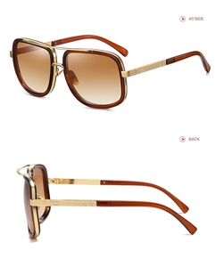 Detailed views of gold metal pilot sunglasses with brown gradient lenses at 45 degree angle