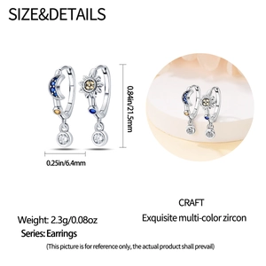 Macro detail of sun and moon earrings showing S925 silver hallmark and dimensions