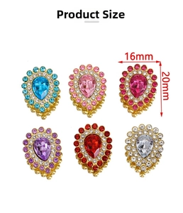 Close-up of 16x20mm teardrop glass rhinestones with gold metal base in six colors