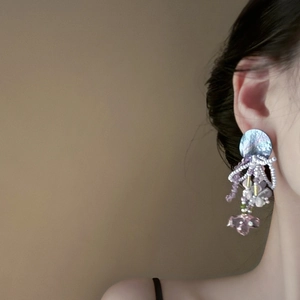 Elegant purple beaded drop earrings with iridescent shell resin worn by a model