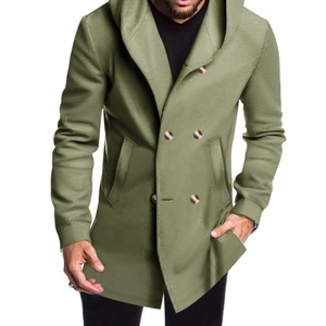 Men's olive green slim-fit mid-length hooded trench coat with double-breasted design