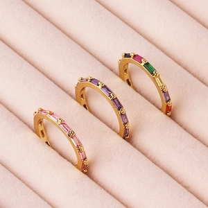 Set of 18K gold plated adjustable rings with pink, purple, and colorful baguette zircons