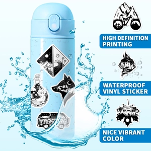 Waterproof vinyl punk stickers with mountain and nature motifs on a blue water bottle