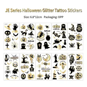 Lot de 10 tatouages Halloween éphémères noirs et dorés avec motifs citrouille et fantôme
