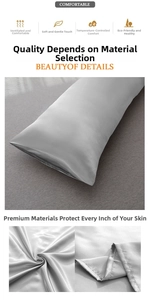 Detail of soft silver grey satin body pillowcase showing smooth silk texture and stitching