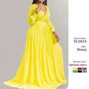 Maxi Dress Deep V Neck Pleated Long Sleeve Chiffon Polyester Solid Color Belted Loose Fit Elegant Plus Size Women