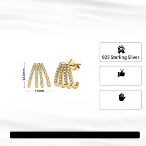 S925 Sterling Silver 14k Gold Plated Four-Row Curved Stud Earrings with AAAA Zirconia