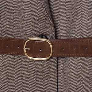 French retro herringbone blazer for women featuring a brown suede belt and golden buckle
