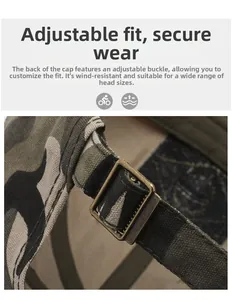 Detail of adjustable antique bronze metal buckle on camouflage outdoor baseball cap
