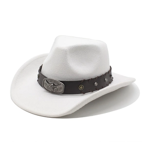 Detail of white wool cowboy hat with brown leather band and embossed bull head buckle