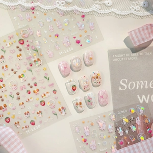 3D Embossed Nail Art Stickers Cartoon Rabbit Dog Iridescent Laser Cute Sweet Manicure Decals For Women Girls