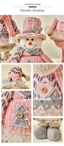 Detail of pink knitted Christmas snowman showing plaid hat and heart-shaped felt accents