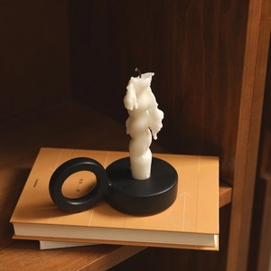 European vintage black ceramic candle holder with a ring handle for home table decor
