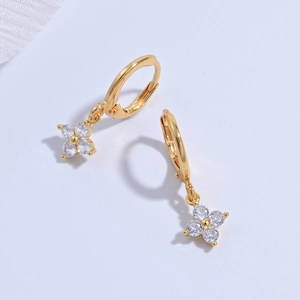 Elegant gold S925 sterling silver hoop earrings with clear clover flower zircon pendants