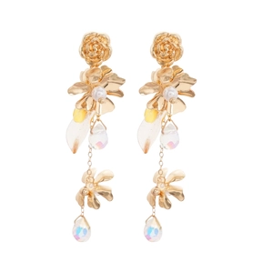Gold floral drop earrings with pearls and iridescent teardrop tassels on white background