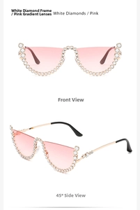 Detail of cat eye semi-rimless sunglasses with rhinestone-encrusted frame and pink gradient lens