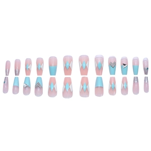 Blue and pink long coffin press-on nails with geometric diamond patterns and 3D rhinestones
