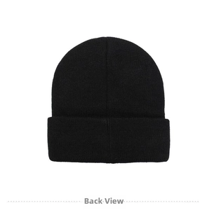 Detailed back view of a black ribbed knit beanie showing thick texture and warm winter style