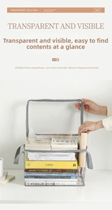 Close-up of transparent waterproof PVC book storage bag with reinforced grey edges and handles