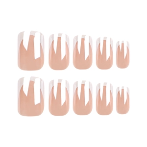 Classic French tip press-on nails in nude pink with white edges and glossy finish