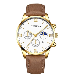 Close-up of golden watch face with Roman numerals and three functional sub-dials