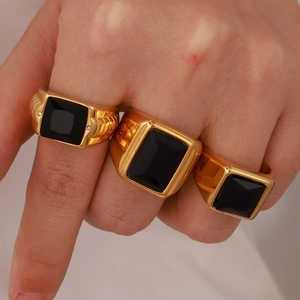 Signet Ring Stainless Steel Gold Plated Black Gemstone Vintage Retro Hip Hop Punk Fashion Jewelry For Men