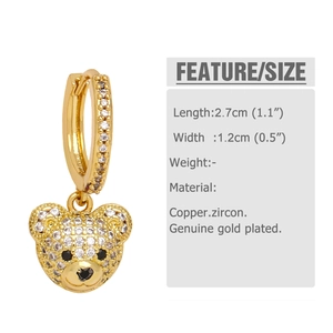 Detailed dimensions of crystal teddy bear earrings with copper gold plating