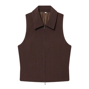 Ensemble gilet à rayures marron avec fermeture éclair, col à revers et pantalon évasé