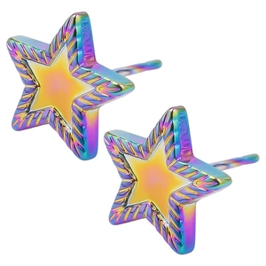 Close-up of rainbow gradient star stud earrings in 304 stainless steel with textured edges